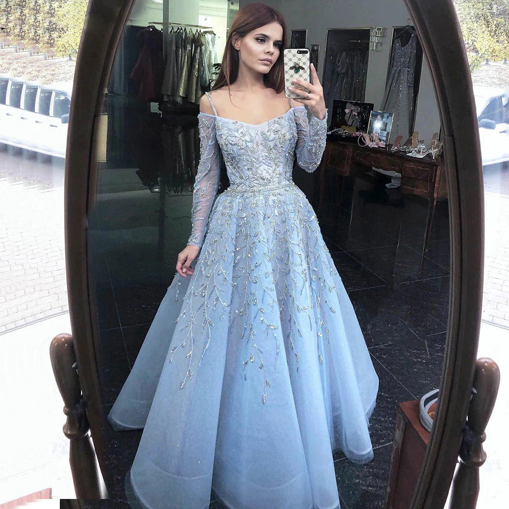 Luxury Dubai Fuchsia Purple Ball Gown Evening Dresses Arabic Women Blue Formal Dress for Wedding Guest Party SS414