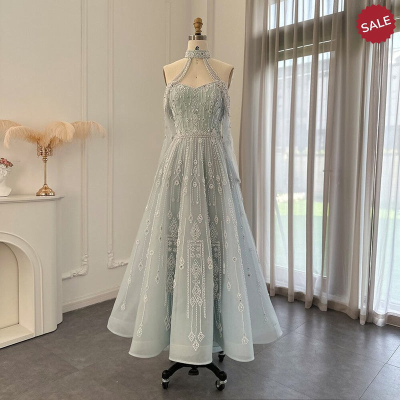 Luxury Dubai Light Blue Evening Dress for Women Wedding Elegant Off Shoulder Beaded Arabic Formal Party Gowns SS418