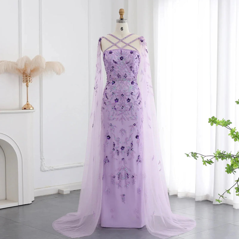Luxury Dubai Lilac Arabic Evening Dresses with Cape Sleeves Gowns SS370