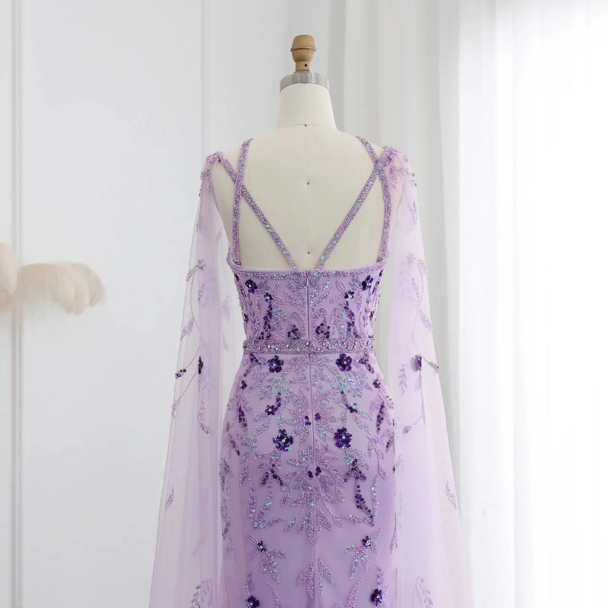 Luxury Dubai Lilac Arabic Evening Dresses with Cape Sleeves Gowns SS370