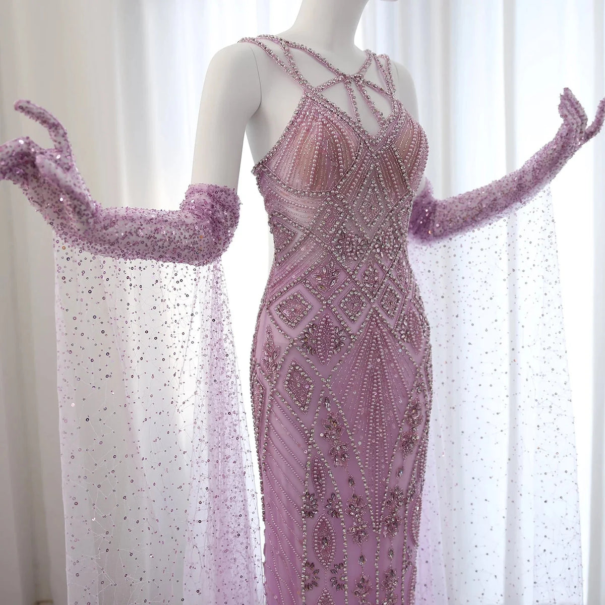 Luxury Dubai Lilac Evening Dresses with Gloves Cape Sleeves Long Straight Beyonce Celebrity Prom Party Gowns SS437