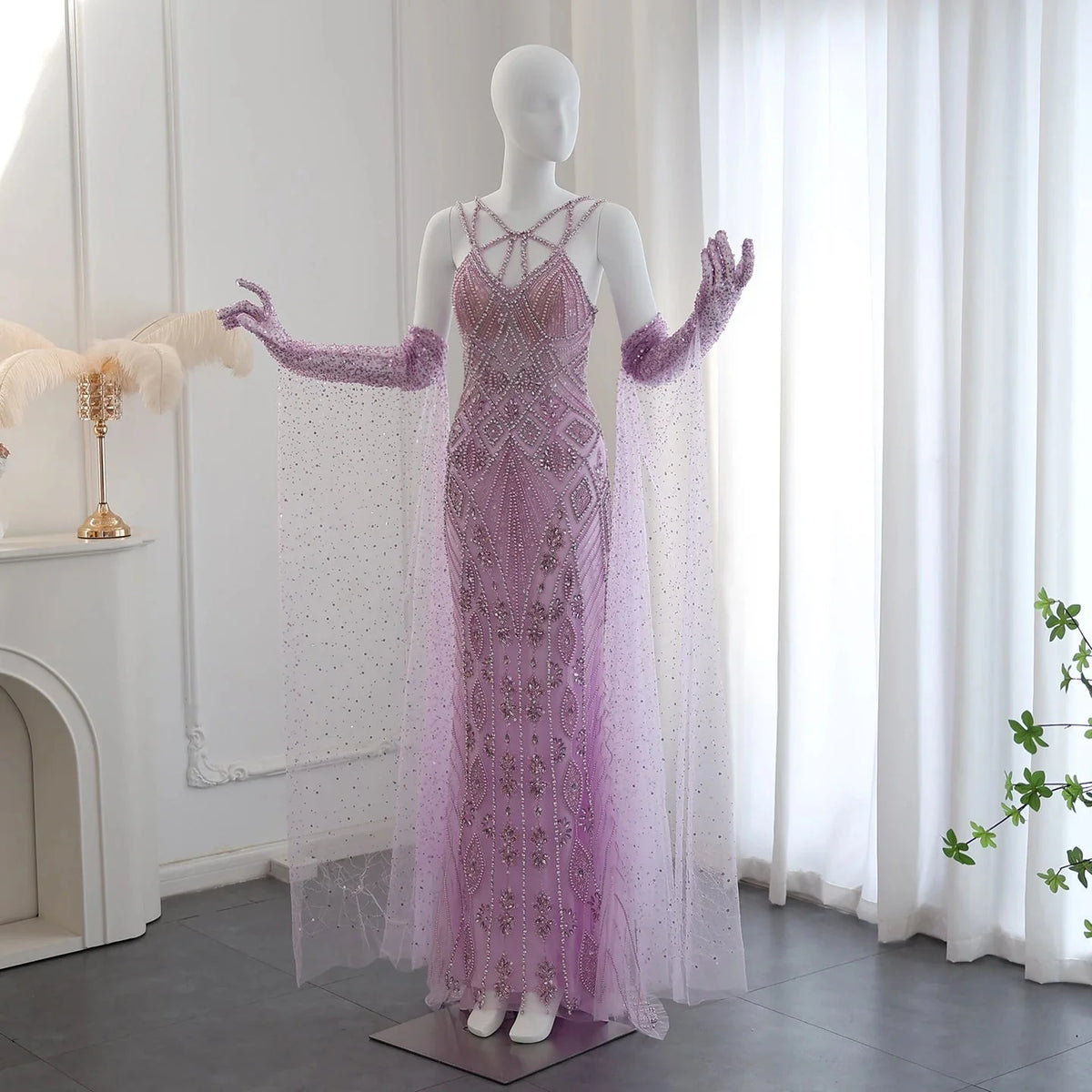 Luxury Dubai Lilac Evening Dresses with Gloves Cape Sleeves Long Straight Beyonce Celebrity Prom Party Gowns SS437