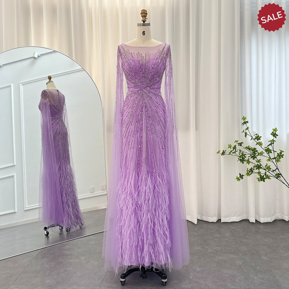 Luxury Dubai Lilac Feathers Evening Dresses with Cape Sleeves 2024 Arabic Long Women Wedding Party Prom Dress SS196