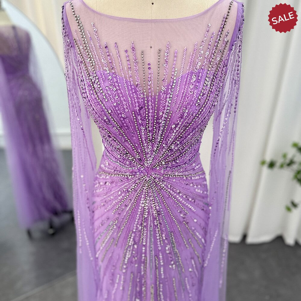 Luxury Dubai Lilac Feathers Evening Dresses with Cape Sleeves 2024 Arabic Long Women Wedding Party Prom Dress SS196