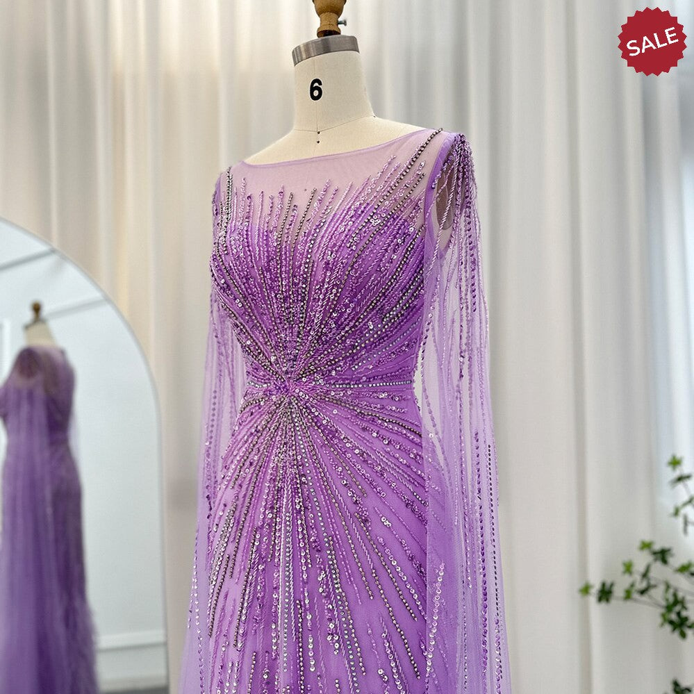 Luxury Dubai Lilac Feathers Evening Dresses with Cape Sleeves 2024 Arabic Long Women Wedding Party Prom Dress SS196
