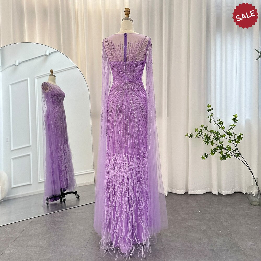 Luxury Dubai Lilac Feathers Evening Dresses with Cape Sleeves 2024 Arabic Long Women Wedding Party Prom Dress SS196