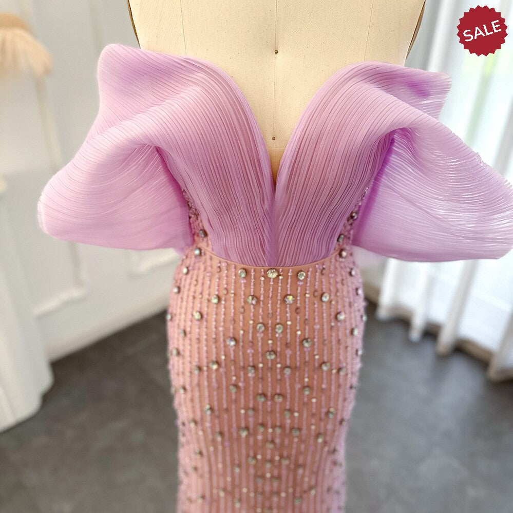 Luxury Dubai Lilac Long Evening Dress for Women Wedding Party 2023 Elegant Off Shoulder Arabic Formal Prom Gown SS327
