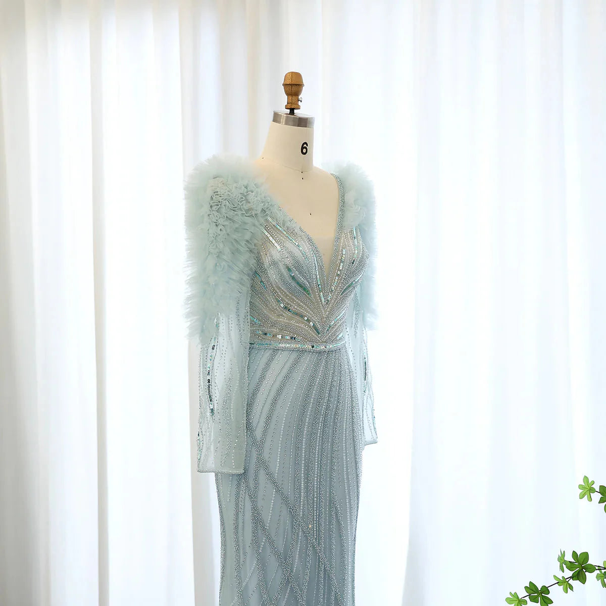 Luxury Dubai Long Sleeves Mermaid Lilac Evening Dress for Women Wedding Elegant V-Neck Blue Formal Party Gowns SS433