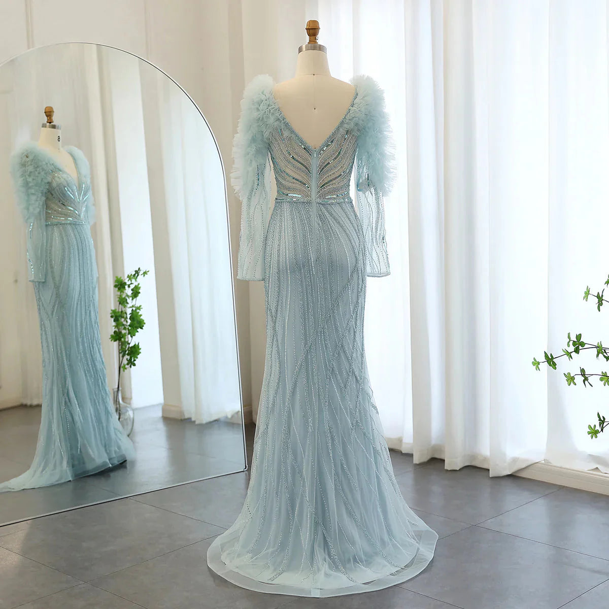 Luxury Dubai Long Sleeves Mermaid Lilac Evening Dress for Women Wedding Elegant V-Neck Blue Formal Party Gowns SS433