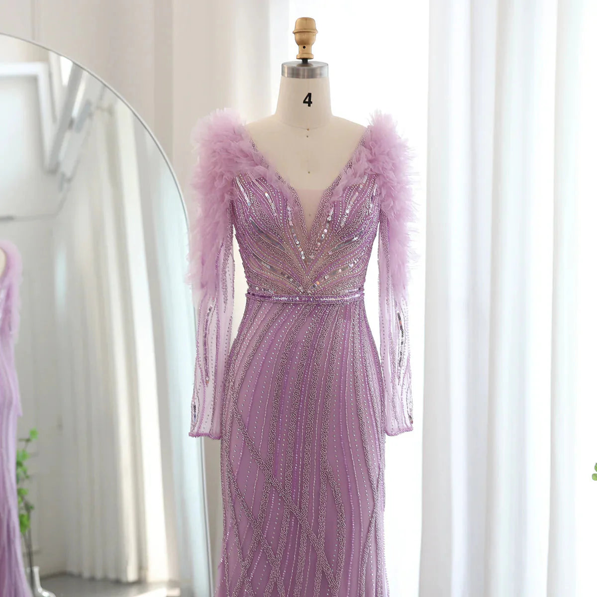 Luxury Dubai Long Sleeves Mermaid Lilac Evening Dress for Women Wedding Elegant V-Neck Blue Formal Party Gowns SS433