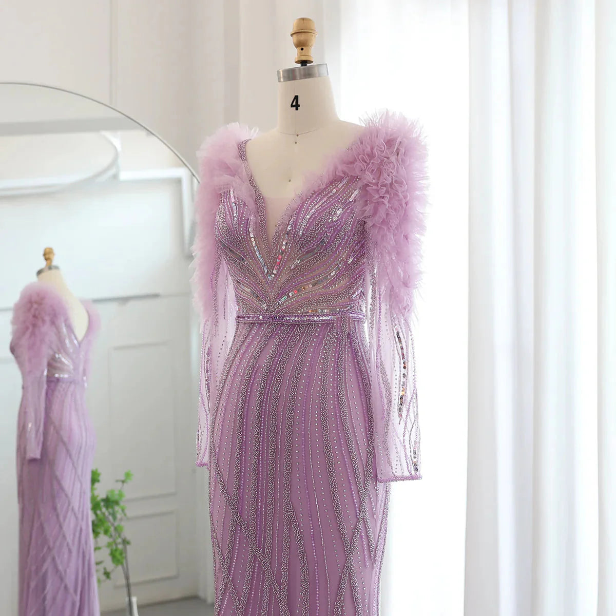 Luxury Dubai Long Sleeves Mermaid Lilac Evening Dress for Women Wedding Elegant V-Neck Blue Formal Party Gowns SS433