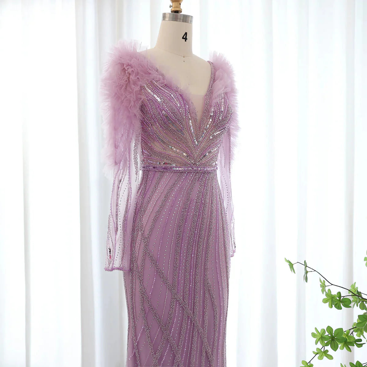 Luxury Dubai Long Sleeves Mermaid Lilac Evening Dress for Women Wedding Elegant V-Neck Blue Formal Party Gowns SS433