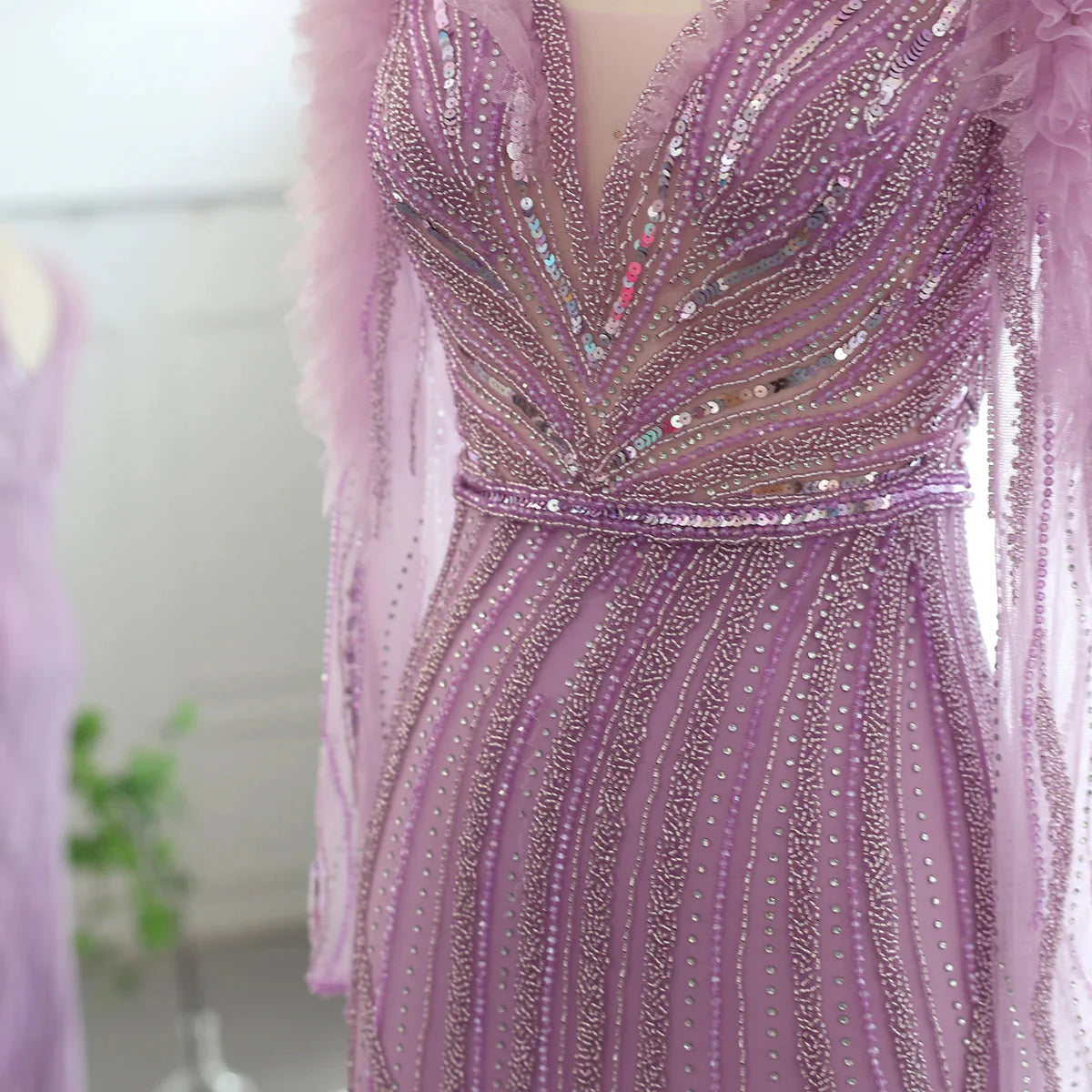 Luxury Dubai Long Sleeves Mermaid Lilac Evening Dress for Women Wedding Elegant V-Neck Blue Formal Party Gowns SS433