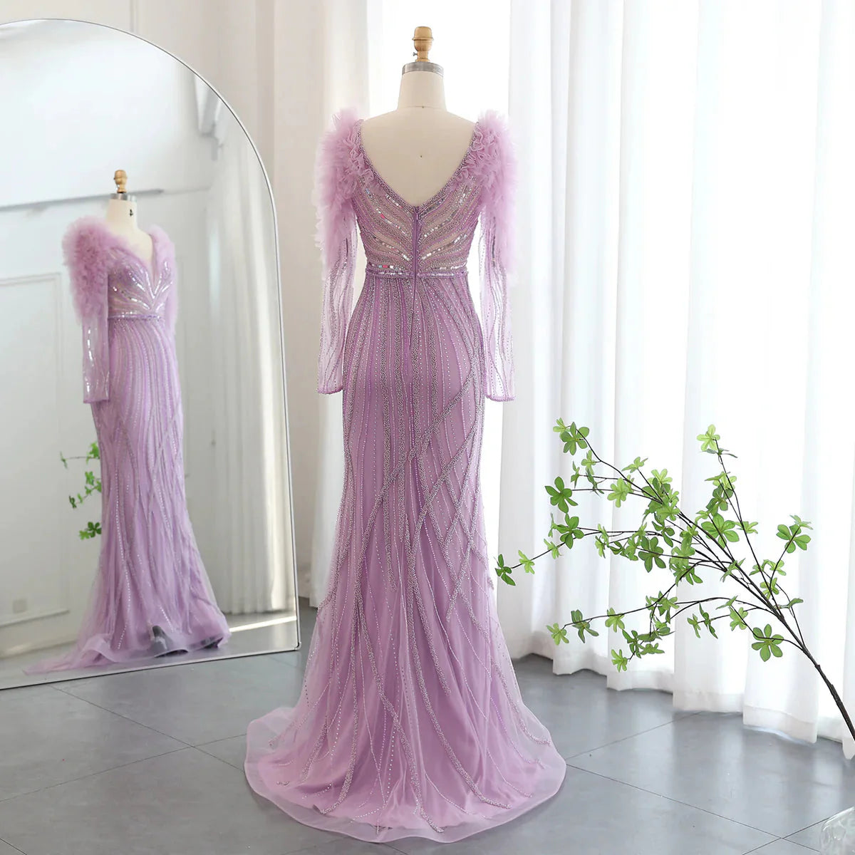 Luxury Dubai Long Sleeves Mermaid Lilac Evening Dress for Women Wedding Elegant V-Neck Blue Formal Party Gowns SS433