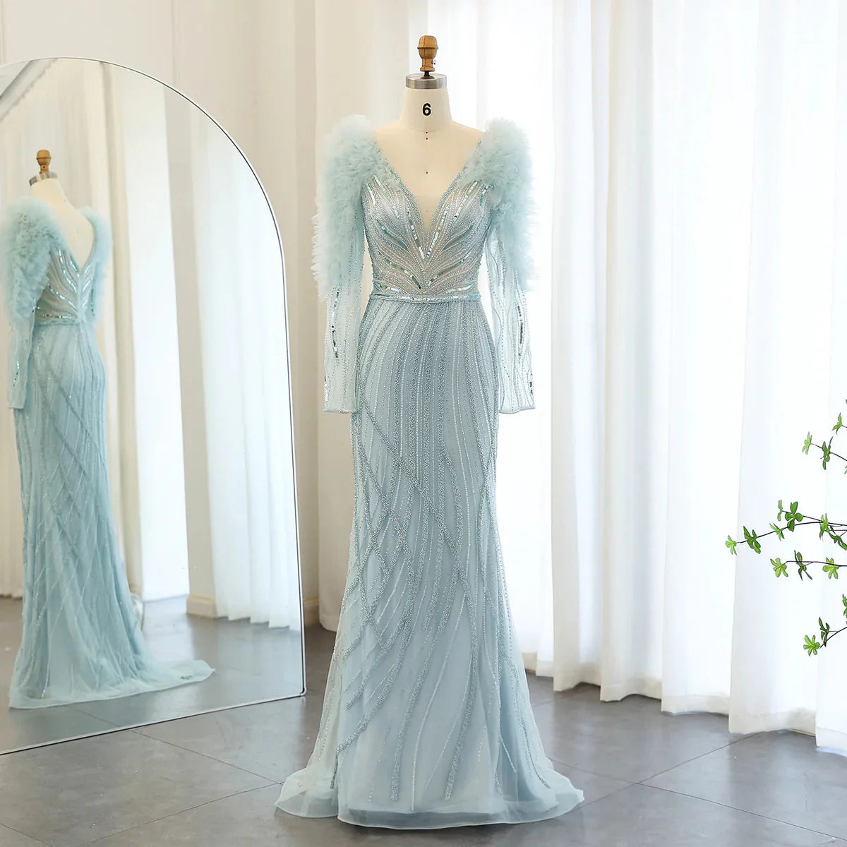 Luxury Dubai Long Sleeves Mermaid Lilac Evening Dress for Women Wedding Elegant V-Neck Blue Formal Party Gowns SS433
