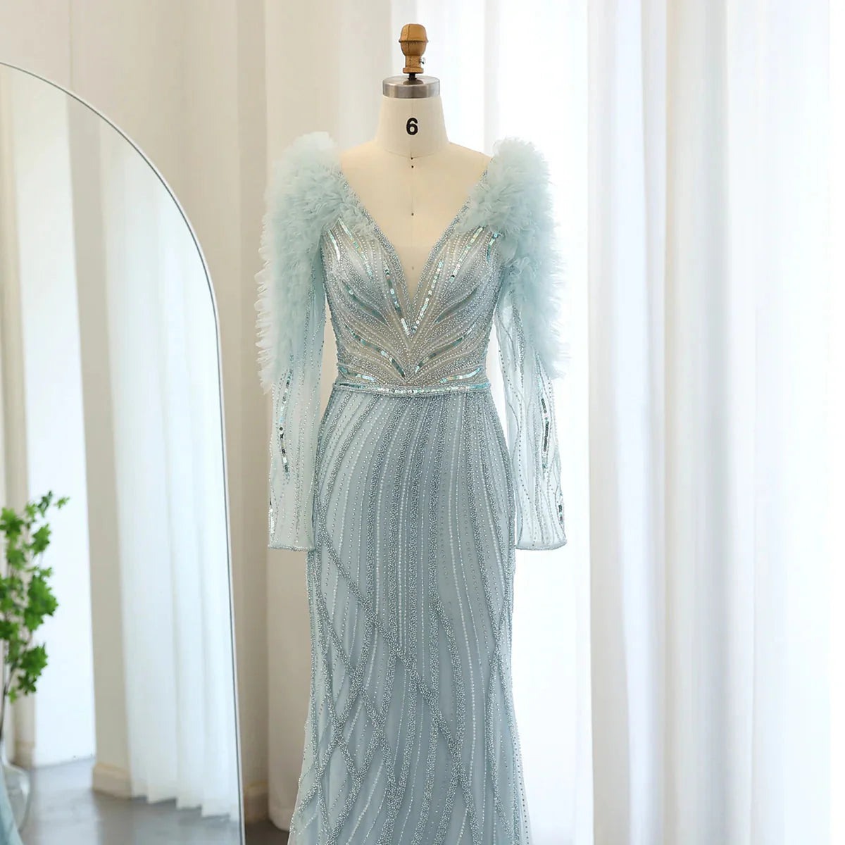 Luxury Dubai Long Sleeves Mermaid Lilac Evening Dress for Women Wedding Elegant V-Neck Blue Formal Party Gowns SS433