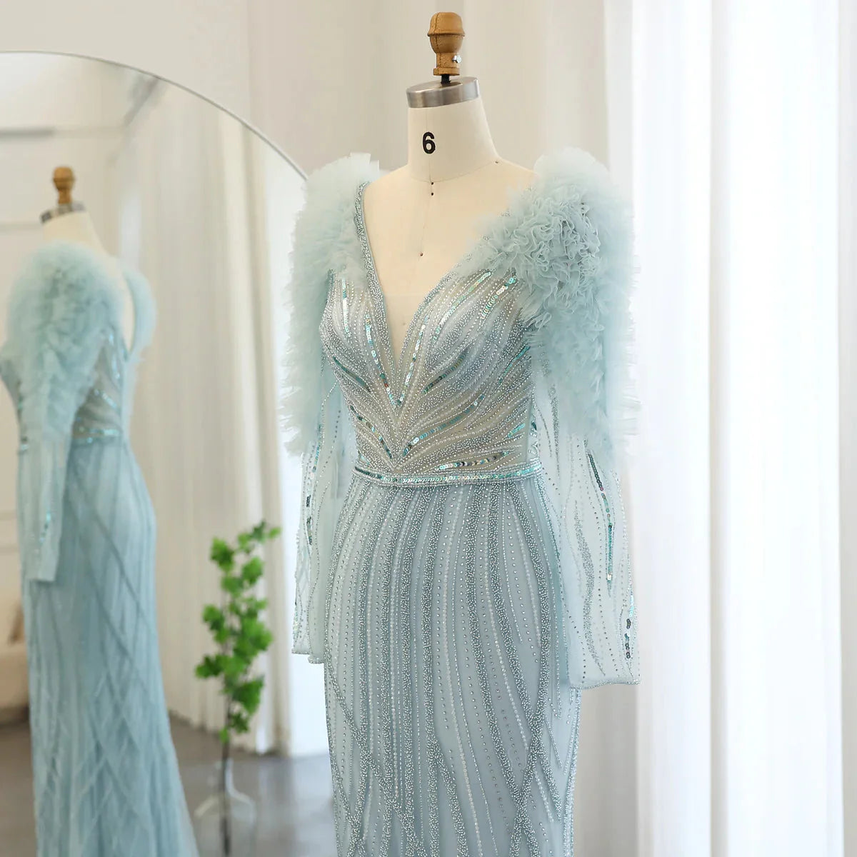 Luxury Dubai Long Sleeves Mermaid Lilac Evening Dress for Women Wedding Elegant V-Neck Blue Formal Party Gowns SS433