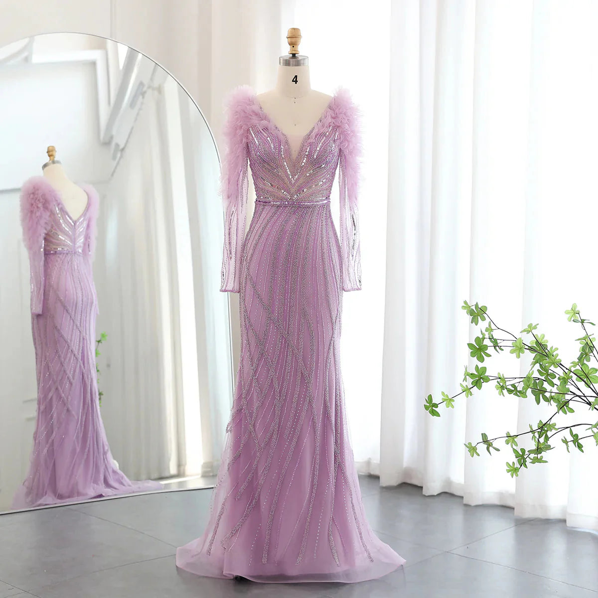 Luxury Dubai Long Sleeves Mermaid Lilac Evening Dress for Women Wedding Elegant V-Neck Blue Formal Party Gowns SS433