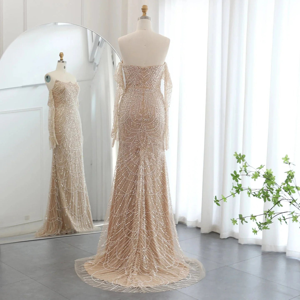 Luxury Dubai Mermaid Green Evening Dresses with Gloves Elegant Saudi Arabia Women Wedding Party Gowns SS306