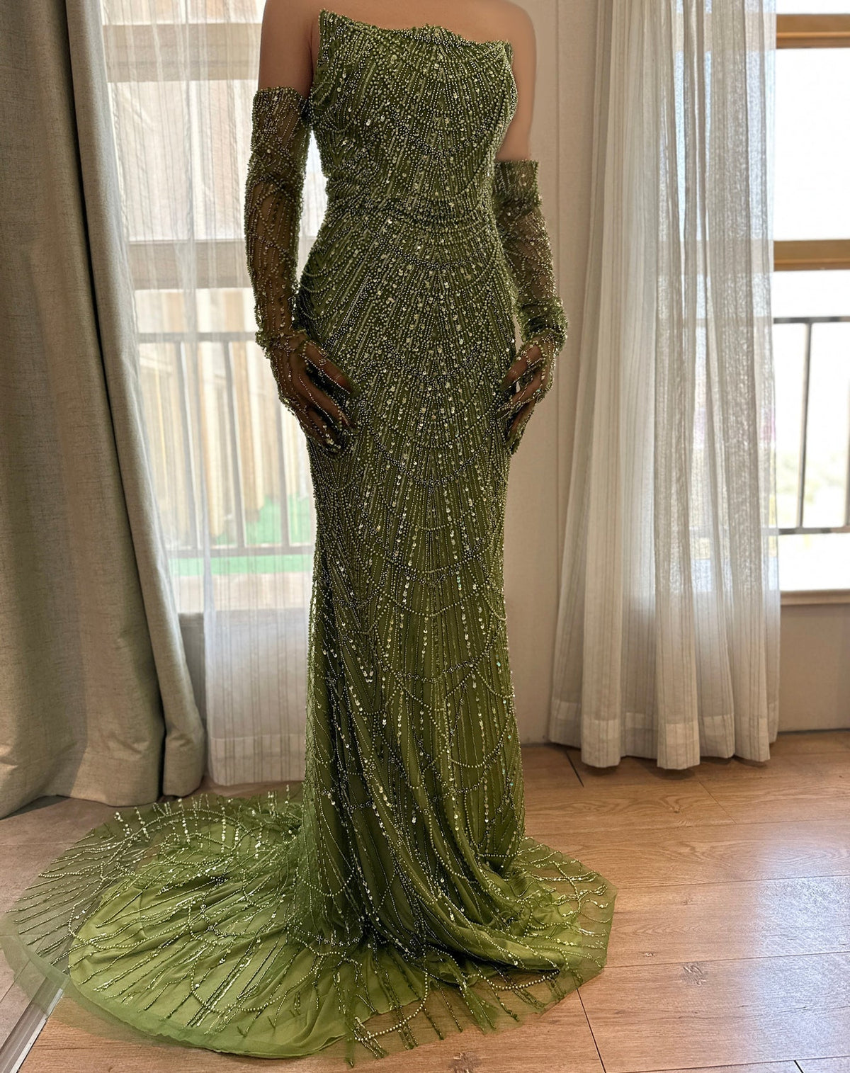 Luxury Dubai Mermaid Green Evening Dresses with Gloves Elegant Saudi Arabia Women Wedding Party Gowns SS306