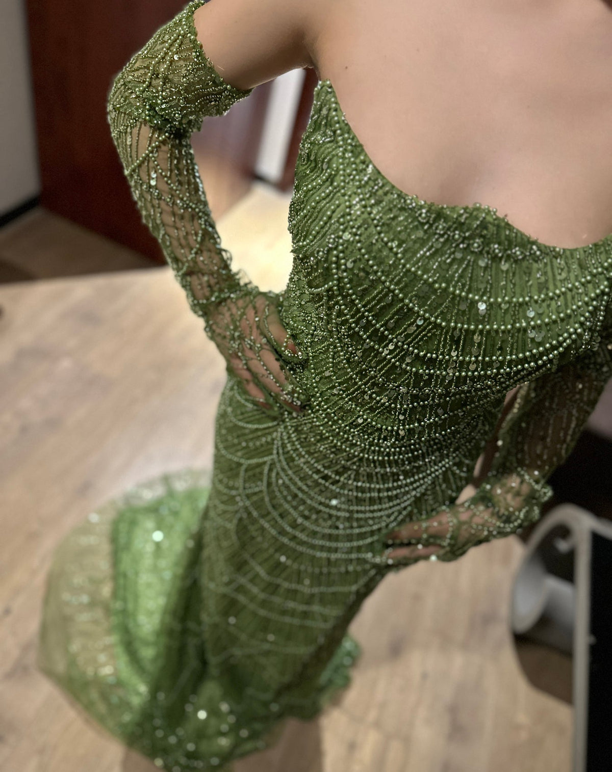 Luxury Dubai Mermaid Green Evening Dresses with Gloves Elegant Saudi Arabia Women Wedding Party Gowns SS306