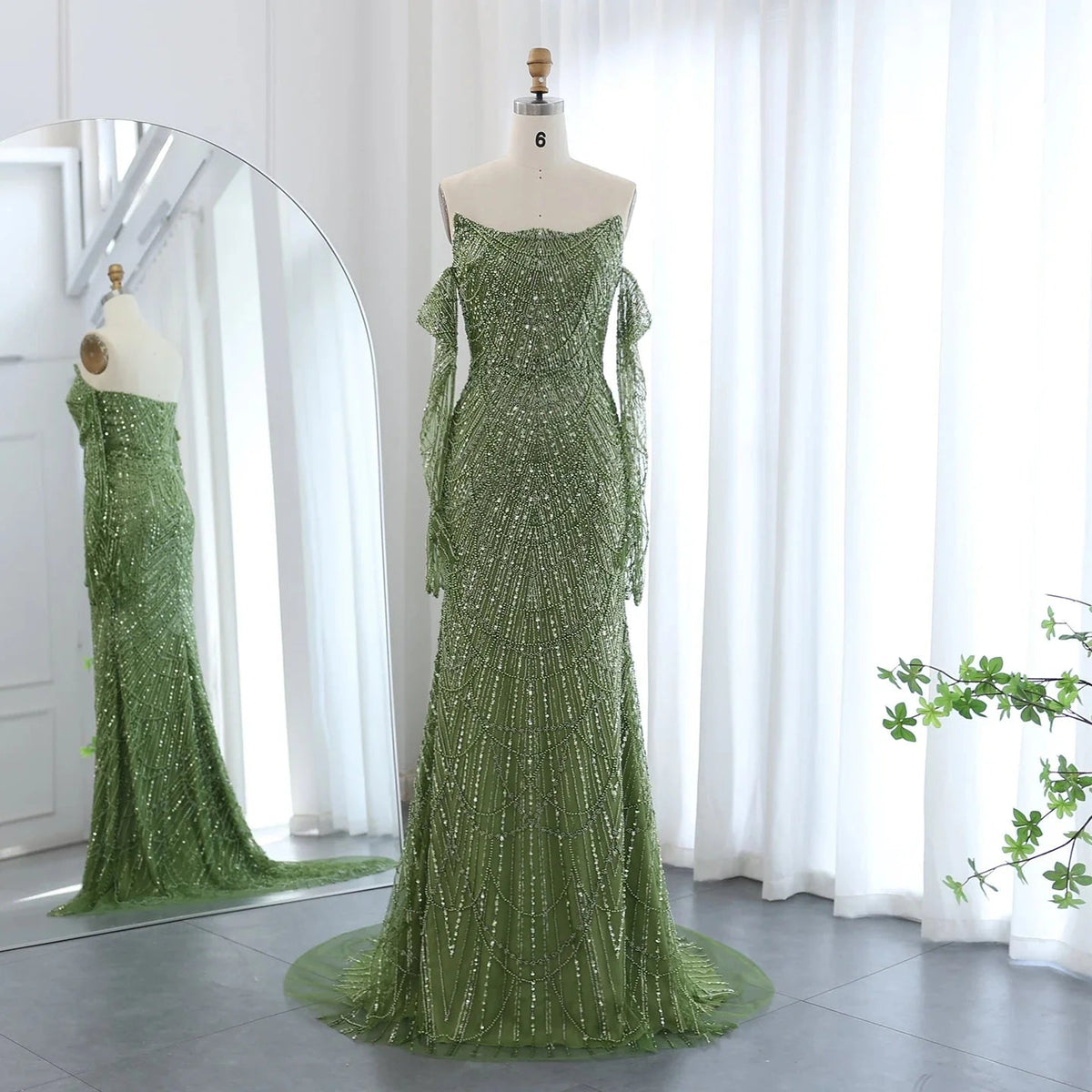Luxury Dubai Mermaid Green Evening Dresses with Gloves Elegant Saudi Arabia Women Wedding Party Gowns SS306