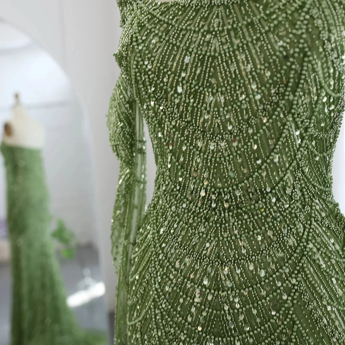 Luxury Dubai Mermaid Green Evening Dresses with Gloves Elegant Saudi Arabia Women Wedding Party Gowns SS306