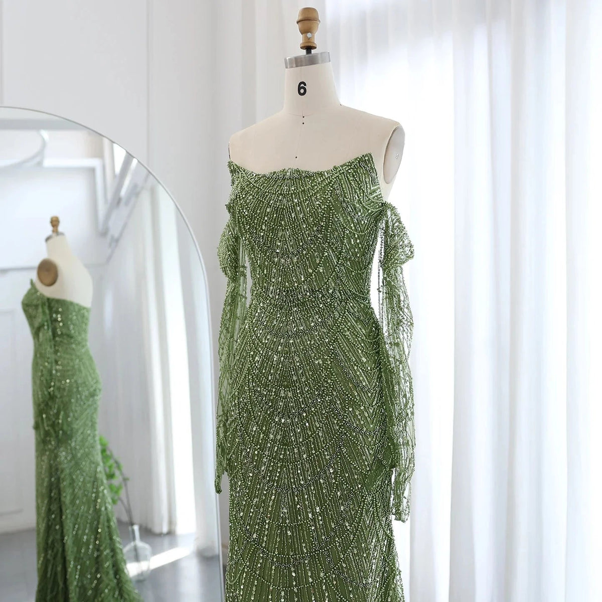 Luxury Dubai Mermaid Green Evening Dresses with Gloves Elegant Saudi Arabia Women Wedding Party Gowns SS306