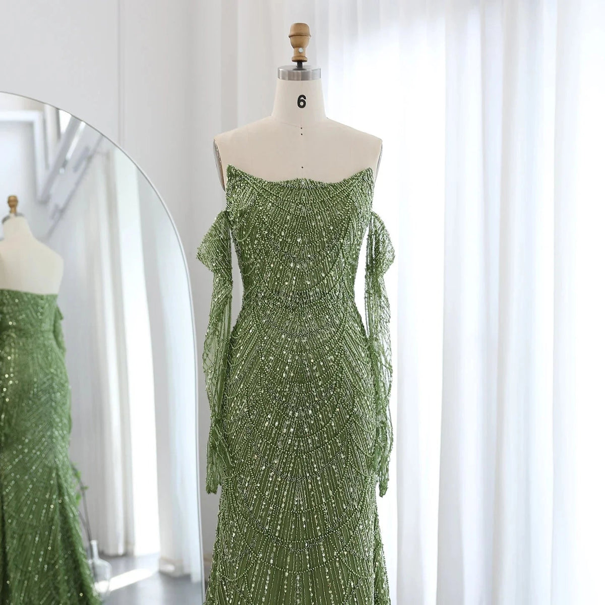 Luxury Dubai Mermaid Green Evening Dresses with Gloves Elegant Saudi Arabia Women Wedding Party Gowns SS306