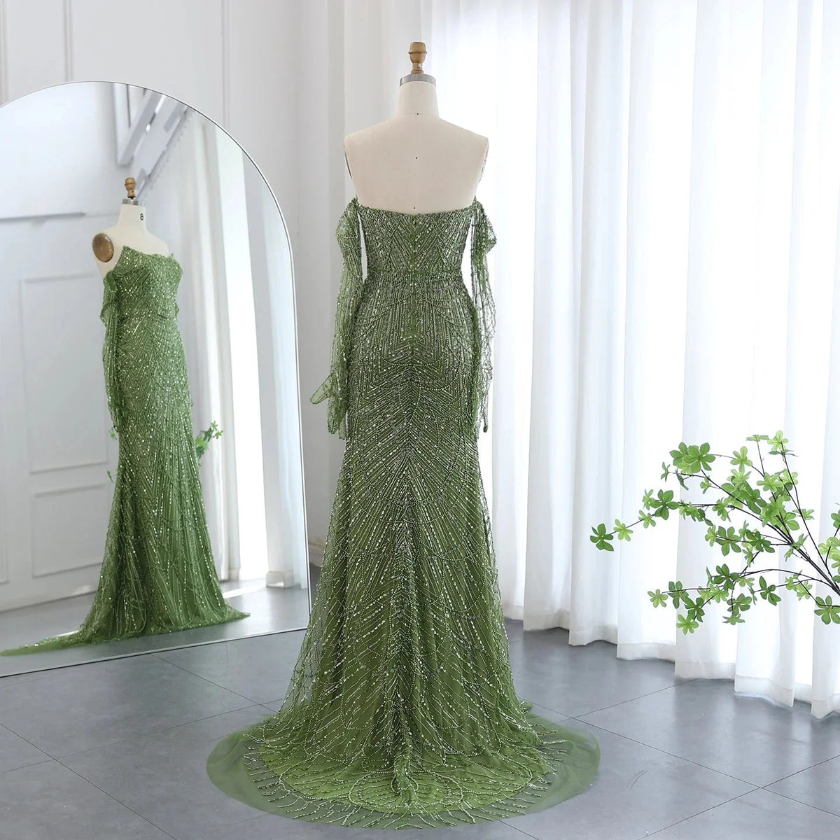 Luxury Dubai Mermaid Green Evening Dresses with Gloves Elegant Saudi Arabia Women Wedding Party Gowns SS306