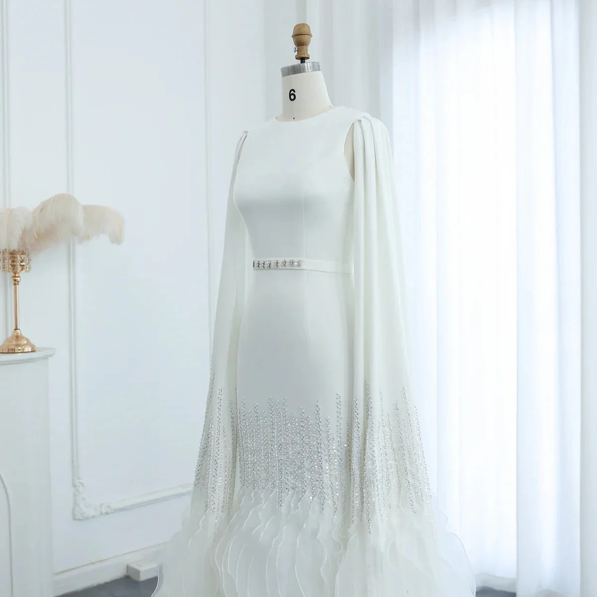 Luxury Dubai Mermaid Nude Evening Dresses with Cape Sleeves Tiered Ruffles Arabic Women Wedding Party Gowns SS440