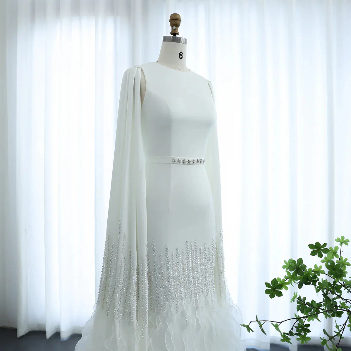 Luxury Dubai Mermaid Nude Evening Dresses with Cape Sleeves Tiered Ruffles Arabic Women Wedding Party Gowns SS440