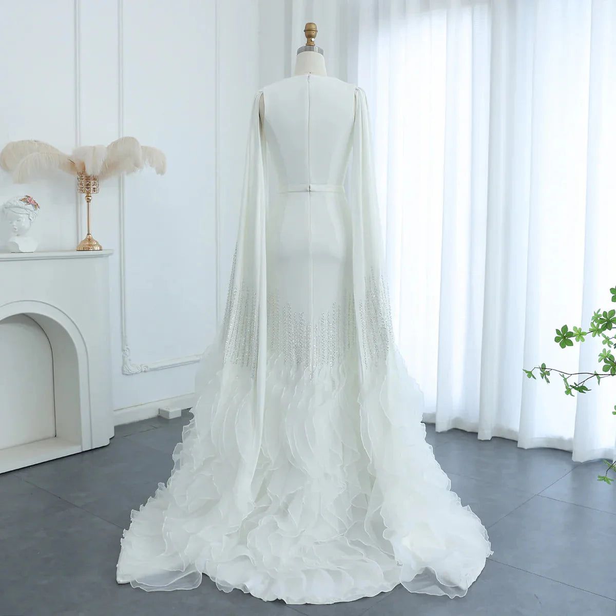 Luxury Dubai Mermaid Nude Evening Dresses with Cape Sleeves Tiered Ruffles Arabic Women Wedding Party Gowns SS440