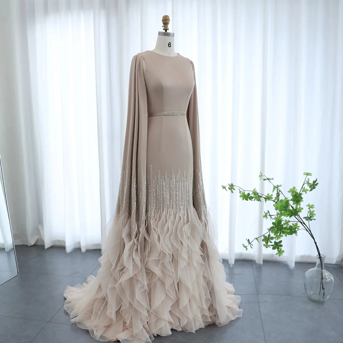 Luxury Dubai Mermaid Nude Evening Dresses with Cape Sleeves Tiered Ruffles Arabic Women Wedding Party Gowns SS440