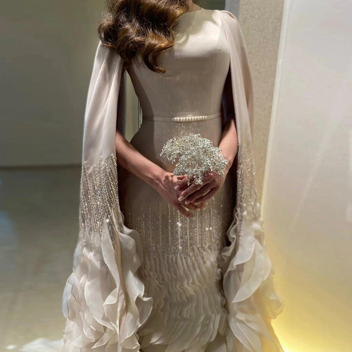 Luxury Dubai Mermaid Nude Evening Dresses with Cape Sleeves Tiered Ruffles Arabic Women Wedding Party Gowns SS440