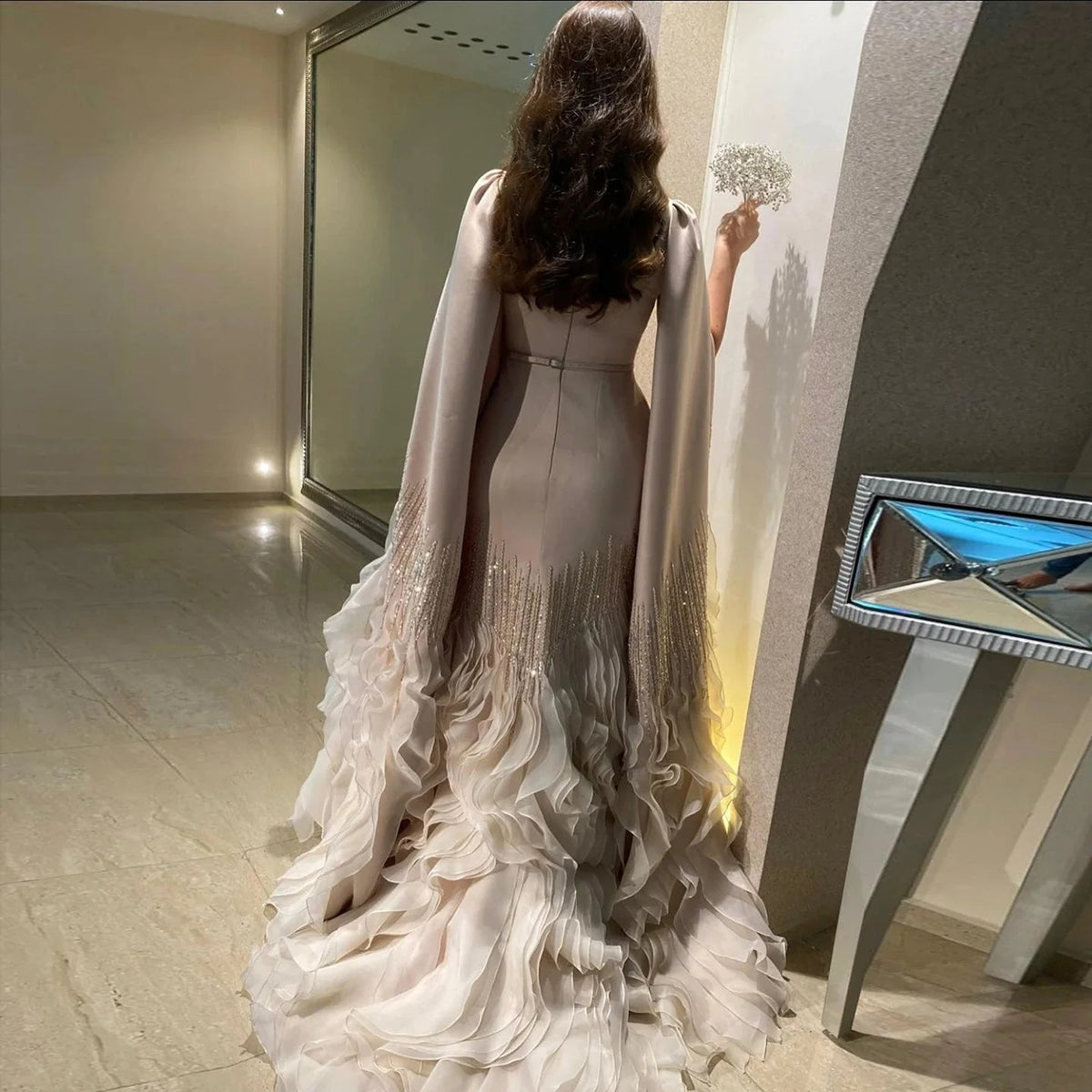 Luxury Dubai Mermaid Nude Evening Dresses with Cape Sleeves Tiered Ruffles Arabic Women Wedding Party Gowns SS440