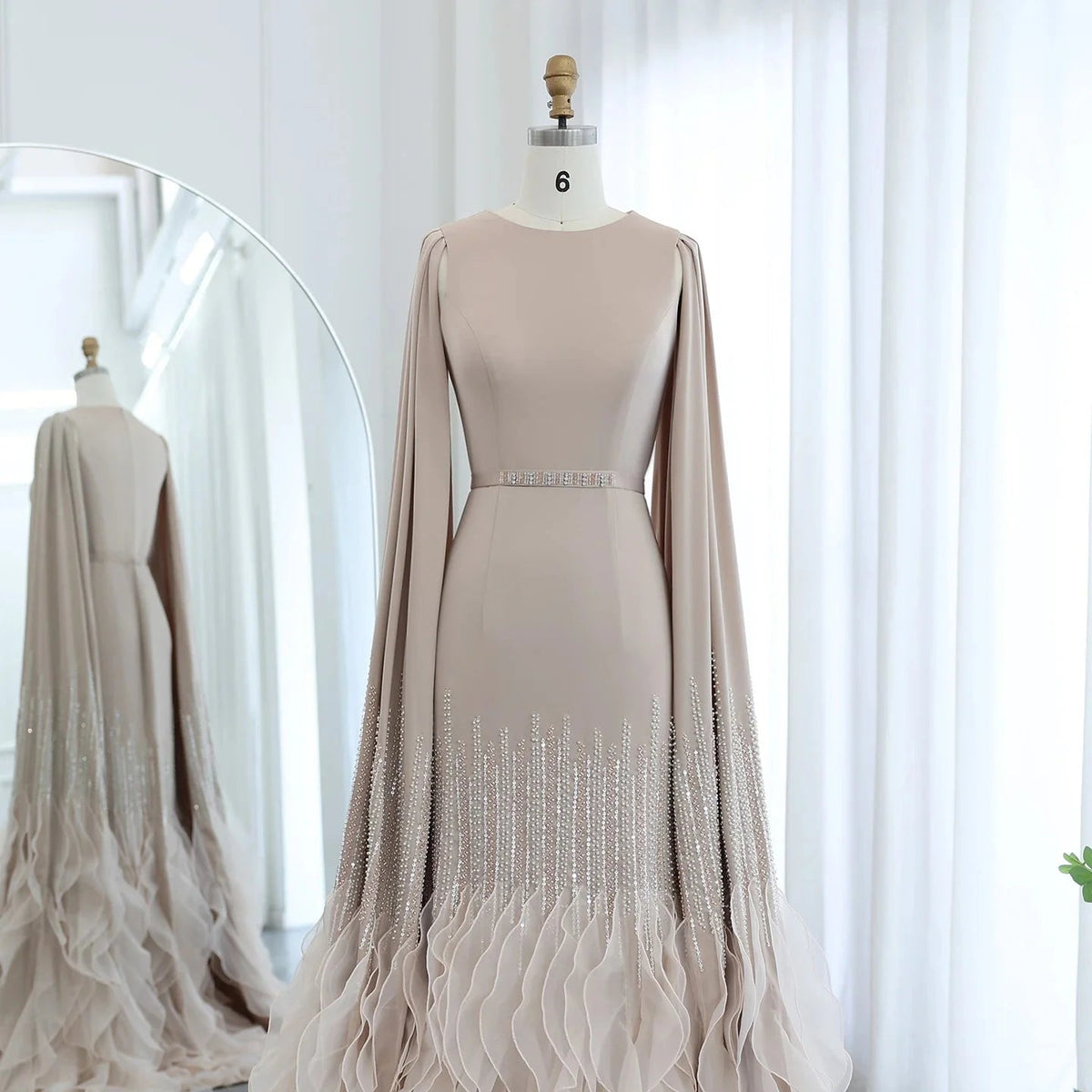Luxury Dubai Mermaid Nude Evening Dresses with Cape Sleeves Tiered Ruffles Arabic Women Wedding Party Gowns SS440