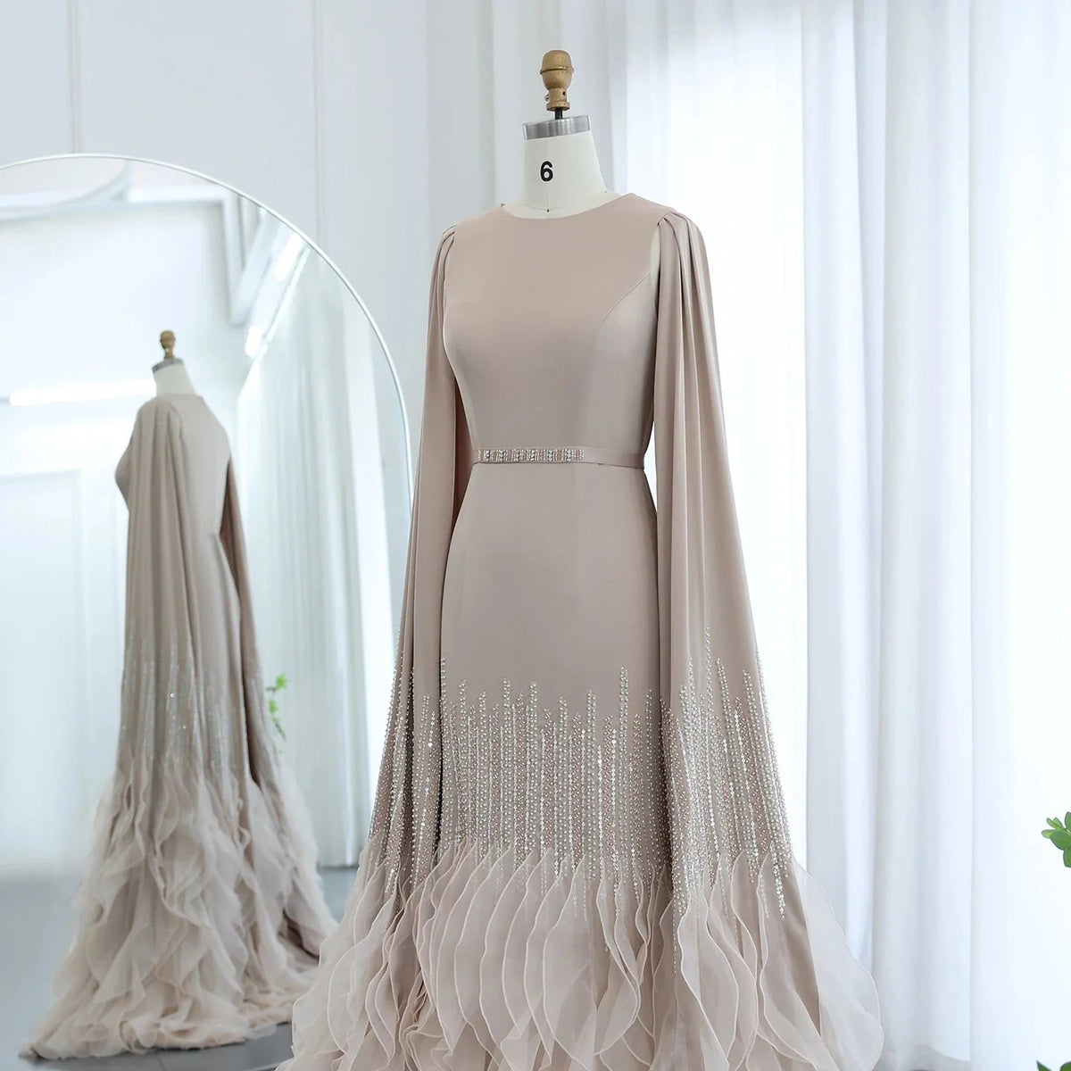 Luxury Dubai Mermaid Nude Evening Dresses with Cape Sleeves Tiered Ruffles Arabic Women Wedding Party Gowns SS440