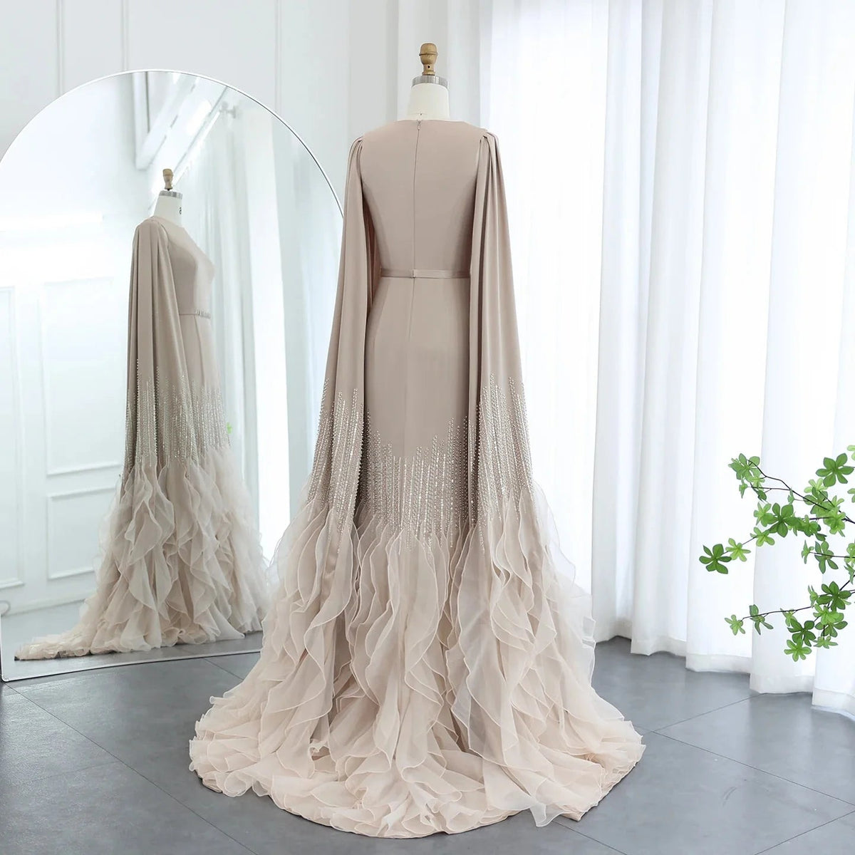 Luxury Dubai Mermaid Nude Evening Dresses with Cape Sleeves Tiered Ruffles Arabic Women Wedding Party Gowns SS440