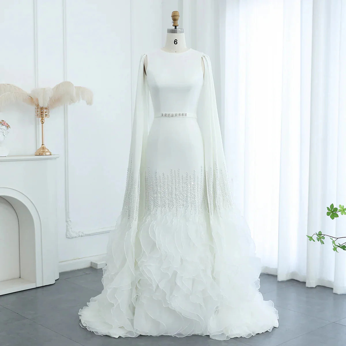 Luxury Dubai Mermaid Nude Evening Dresses with Cape Sleeves Tiered Ruffles Arabic Women Wedding Party Gowns SS440