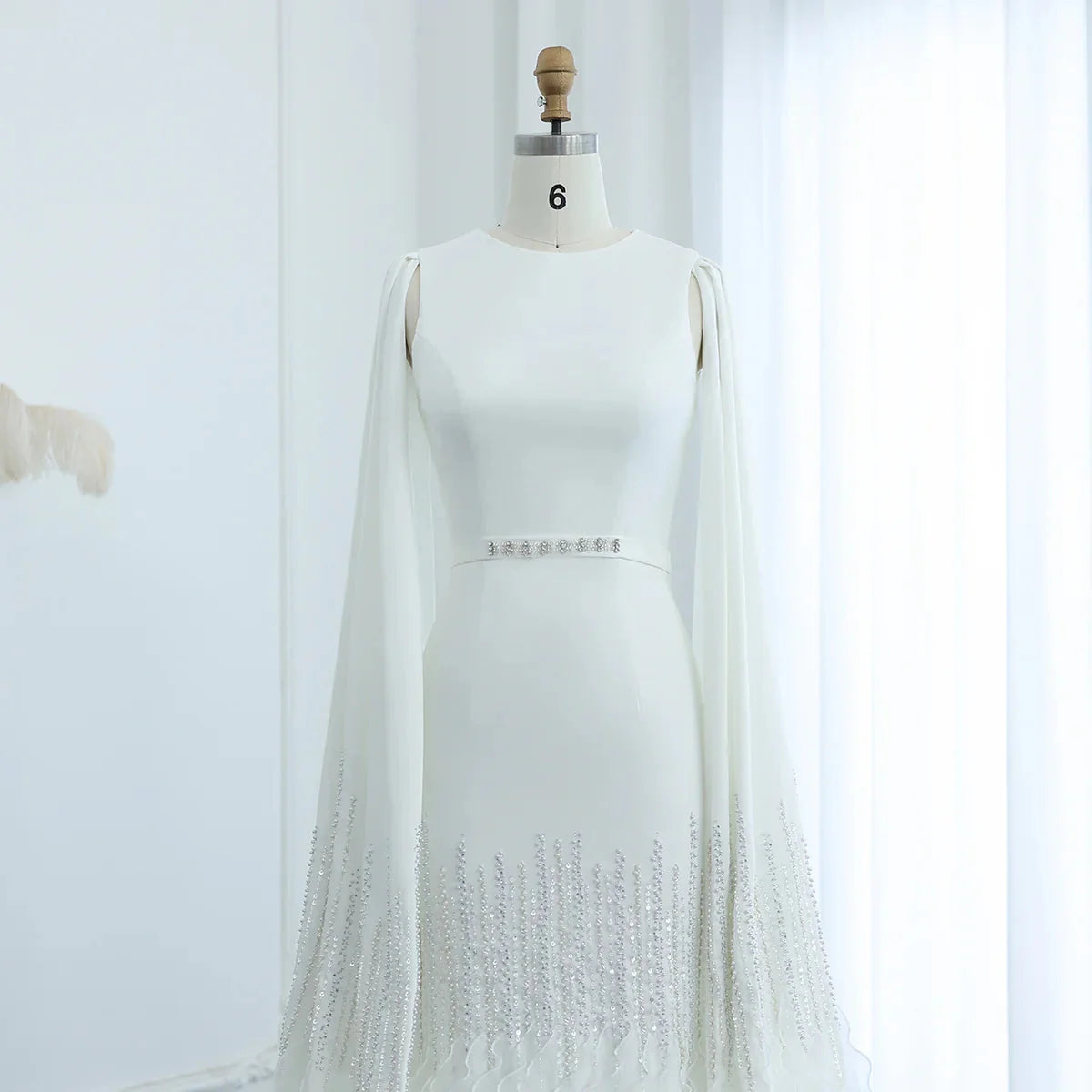 Luxury Dubai Mermaid Nude Evening Dresses with Cape Sleeves Tiered Ruffles Arabic Women Wedding Party Gowns SS440
