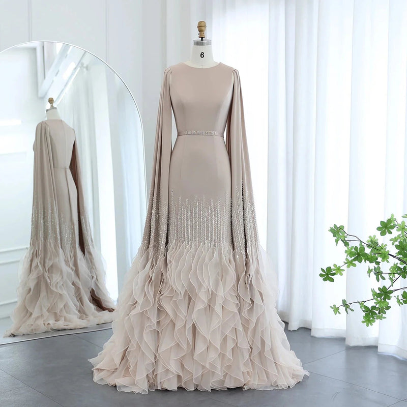 Luxury Dubai Mermaid Nude Evening Dresses with Cape Sleeves Tiered Ruffles Arabic Women Wedding Party Gowns SS440