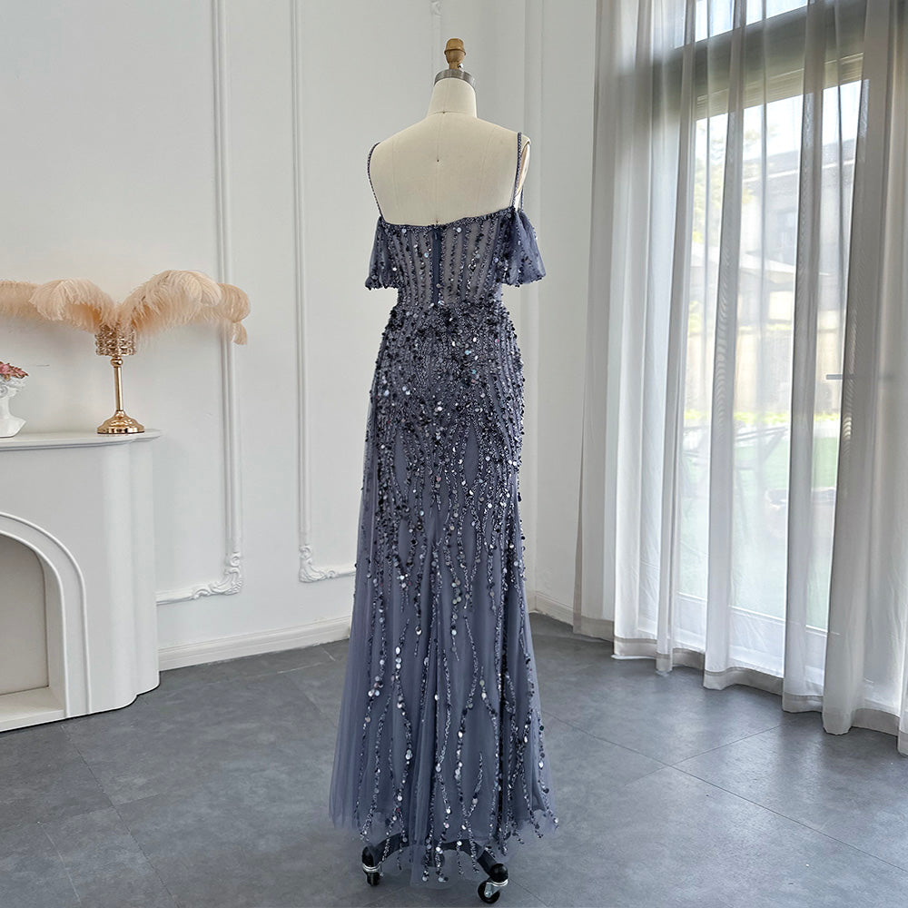Luxury Dubai Mermaid Pink Evening Dresses for Women Wedding Spaghetti Straps High Slit Blue Prom Party Gowns SS356