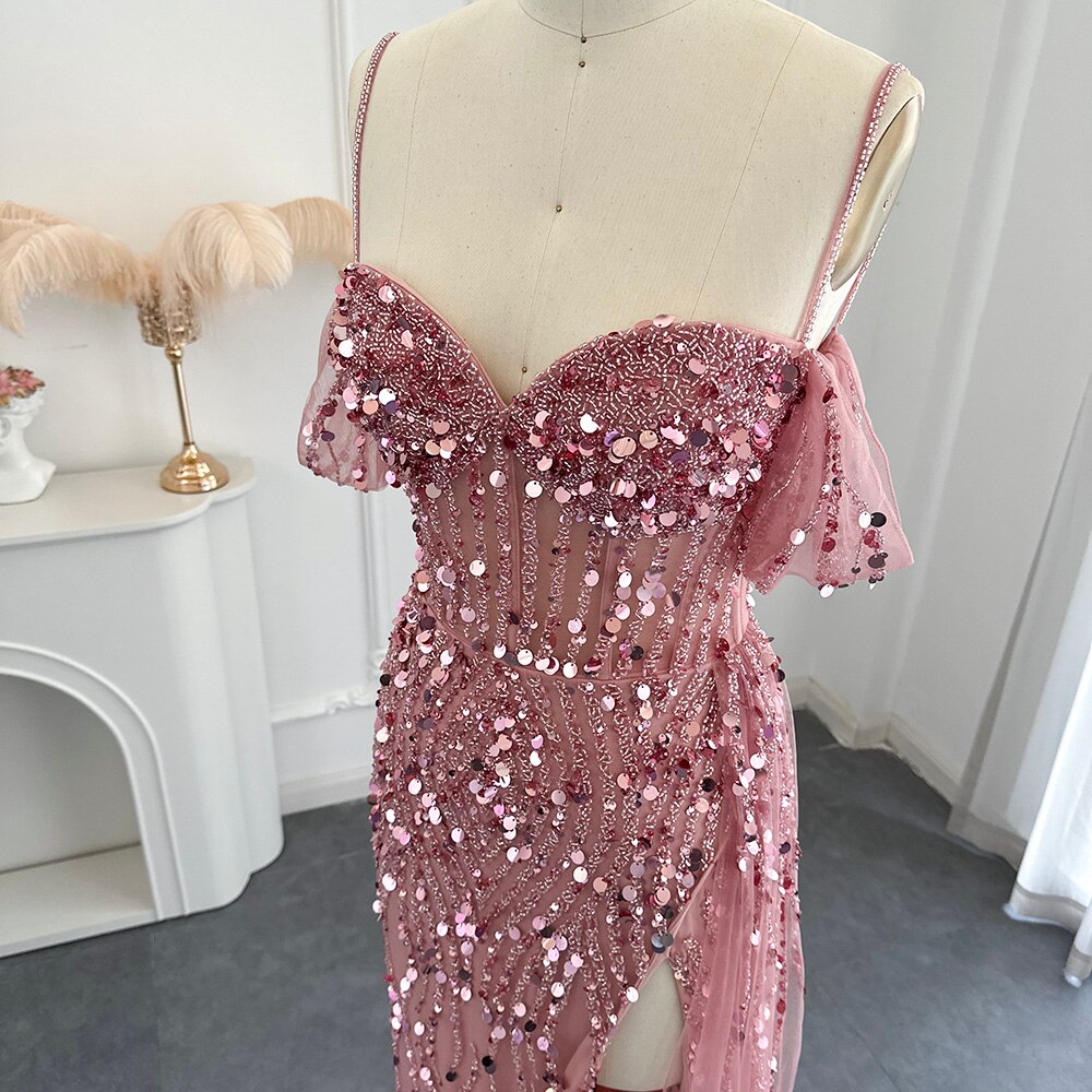 Luxury Dubai Mermaid Pink Evening Dresses for Women Wedding Spaghetti Straps High Slit Blue Prom Party Gowns SS356