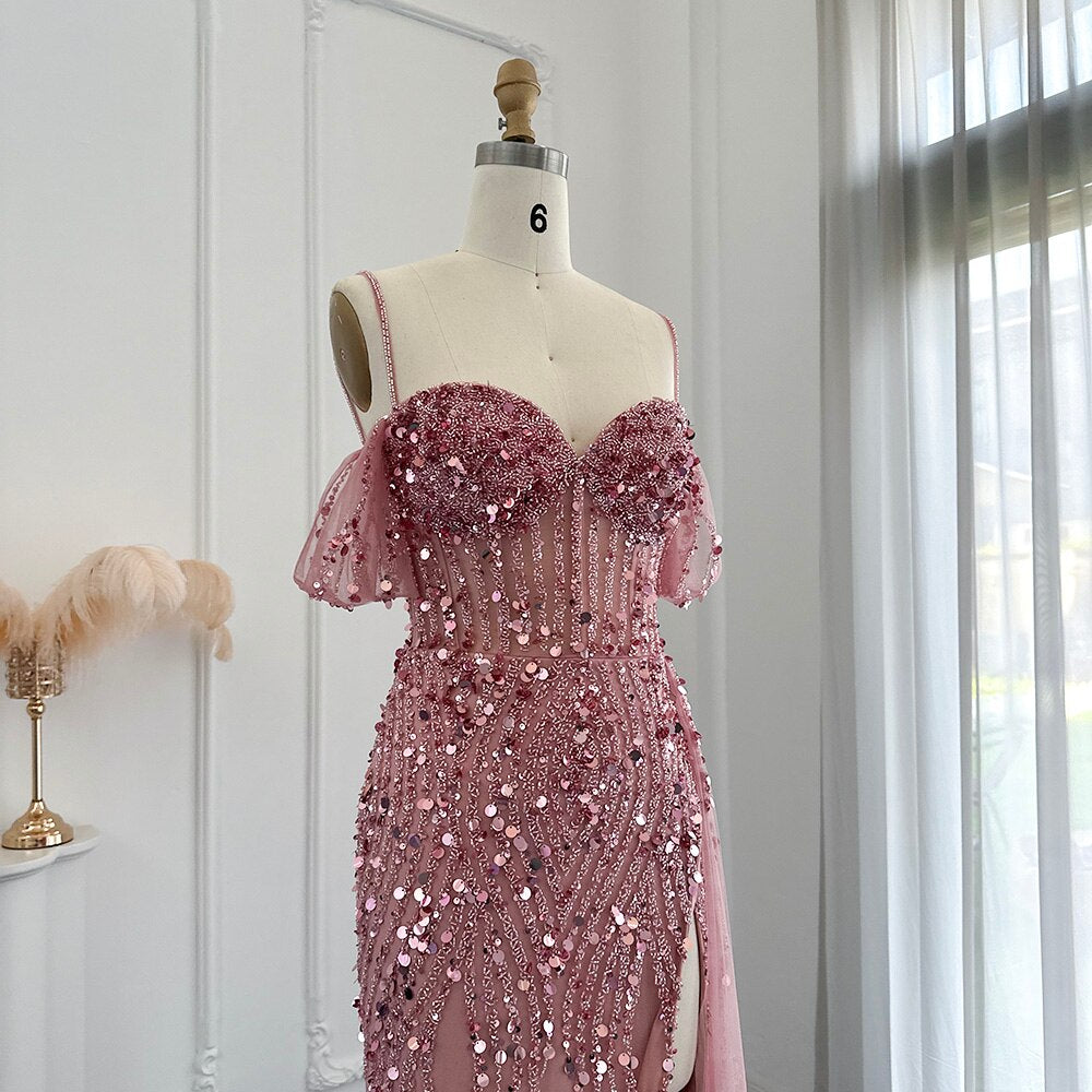 Luxury Dubai Mermaid Pink Evening Dresses for Women Wedding Spaghetti Straps High Slit Blue Prom Party Gowns SS356
