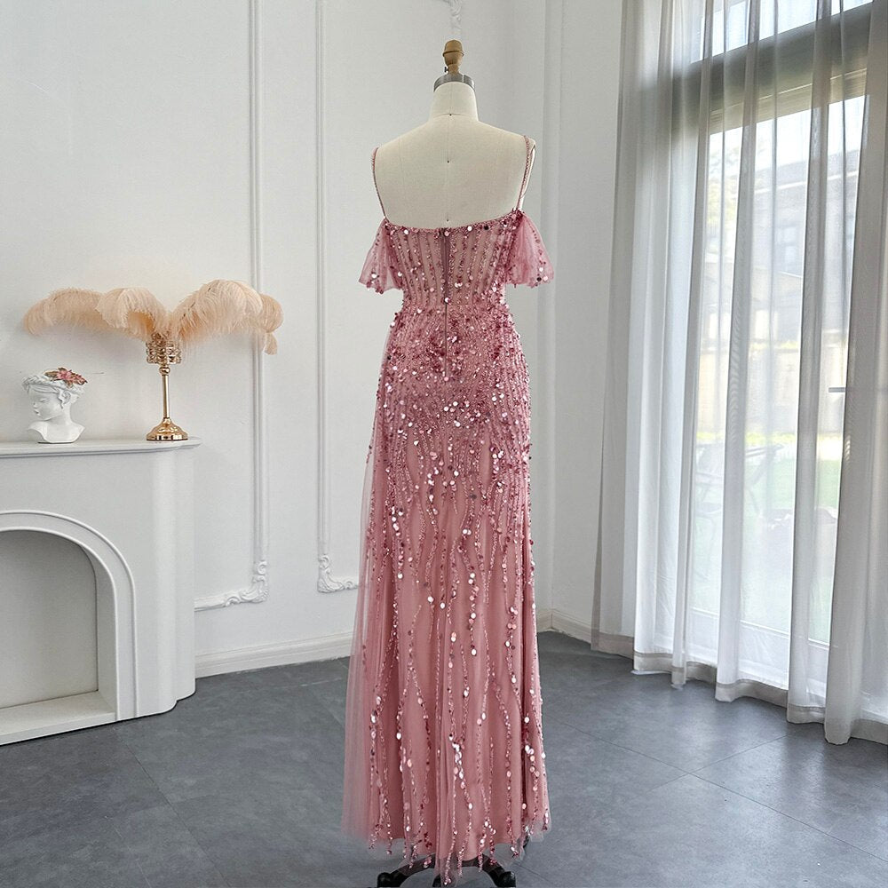 Luxury Dubai Mermaid Pink Evening Dresses for Women Wedding Spaghetti Straps High Slit Blue Prom Party Gowns SS356