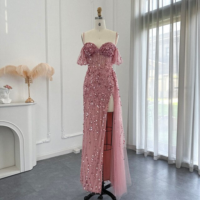 Luxury Dubai Mermaid Pink Evening Dresses for Women Wedding Spaghetti Straps High Slit Blue Prom Party Gowns SS356