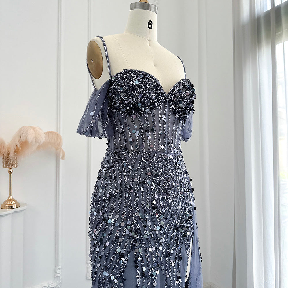 Luxury Dubai Mermaid Pink Evening Dresses for Women Wedding Spaghetti Straps High Slit Blue Prom Party Gowns SS356