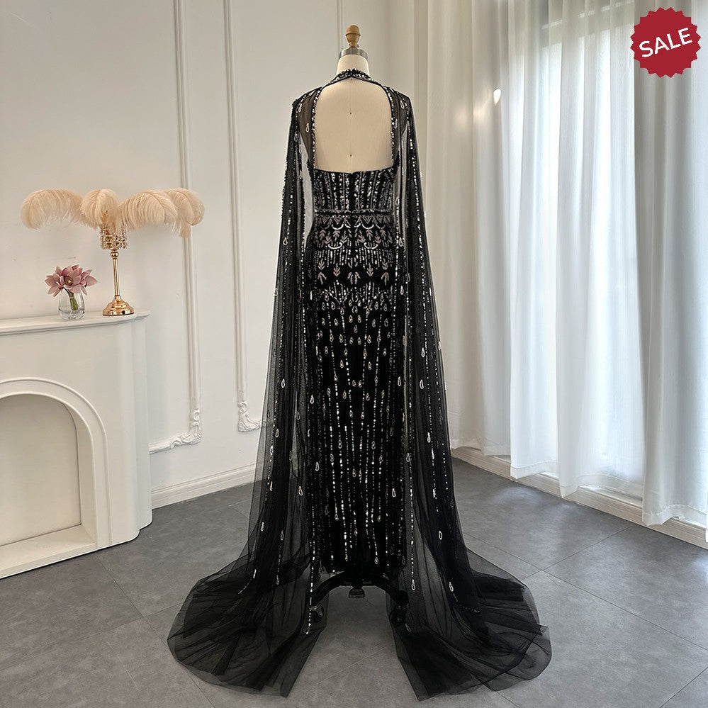 Luxury Dubai Mermaid Pink Evening Dresses with Cape Sleeves 2024 Arabic Women Wedding Guest Formal Party Gowns SS361