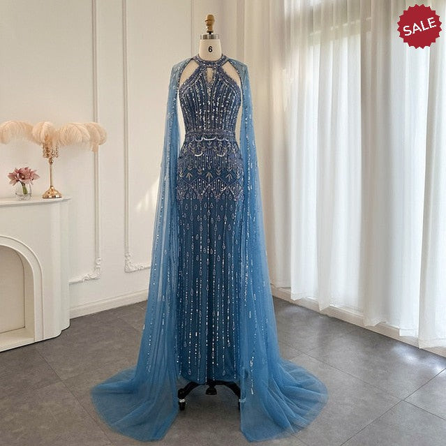 Luxury Dubai Mermaid Pink Evening Dresses with Cape Sleeves 2024 Arabic Women Wedding Guest Formal Party Gowns SS361